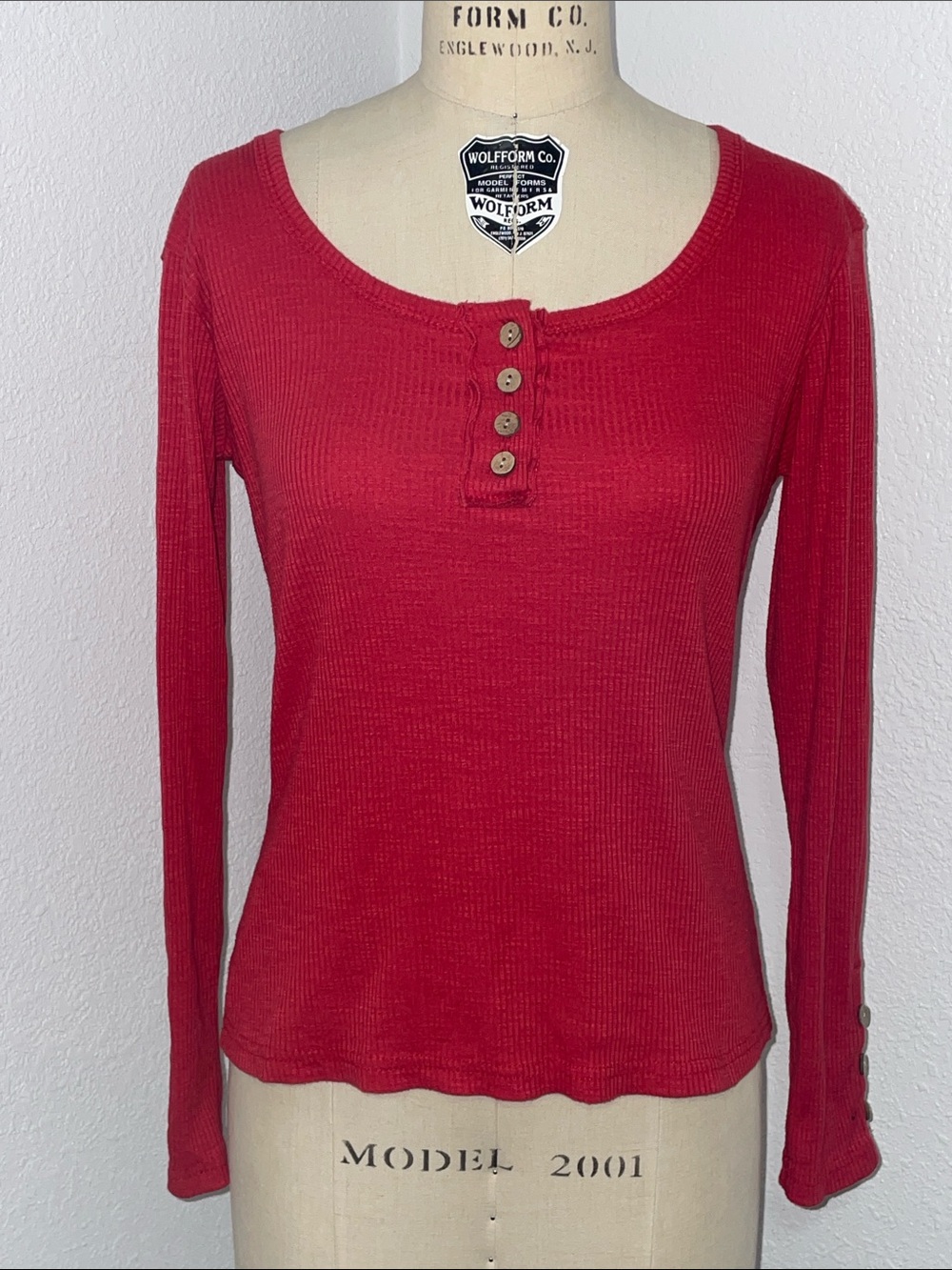 Women’s Red Long-Sleeve Button Henley Top